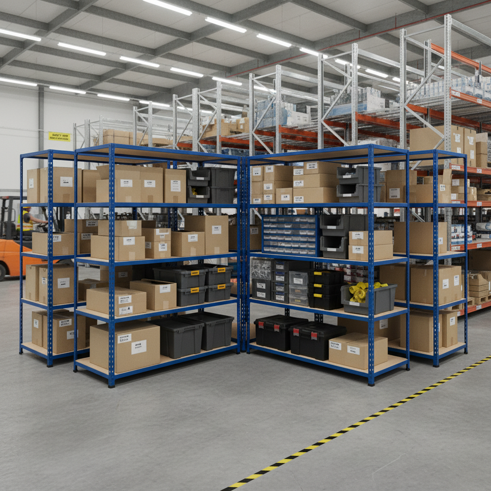 Premium Industrial Shelving - 1830mm High - 200kg Capacity - Chipboard - Blue Finish - Side view