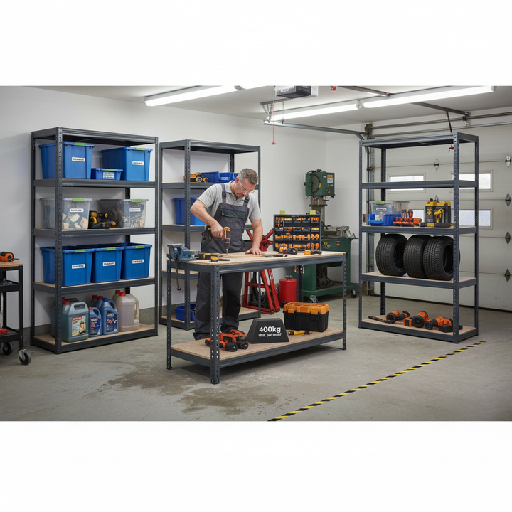 4 Heavy Duty Shelving Units - 1800mm High & 1 Professional Workbench - 1600mm Wide - Grey - Side view