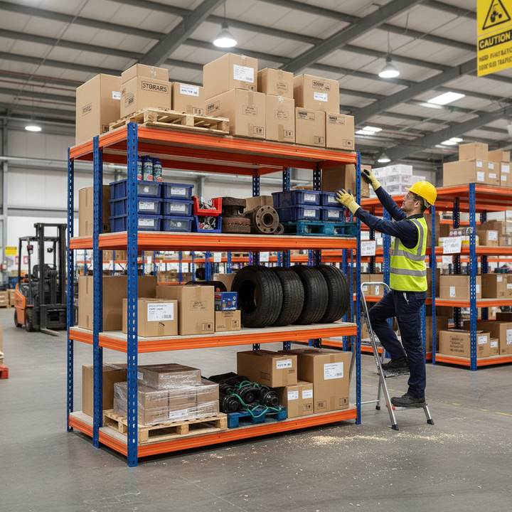Premium Heavy Duty Industrial Shelving - 2000mm High - 500kg Capacity - Blue & Orange - Side view