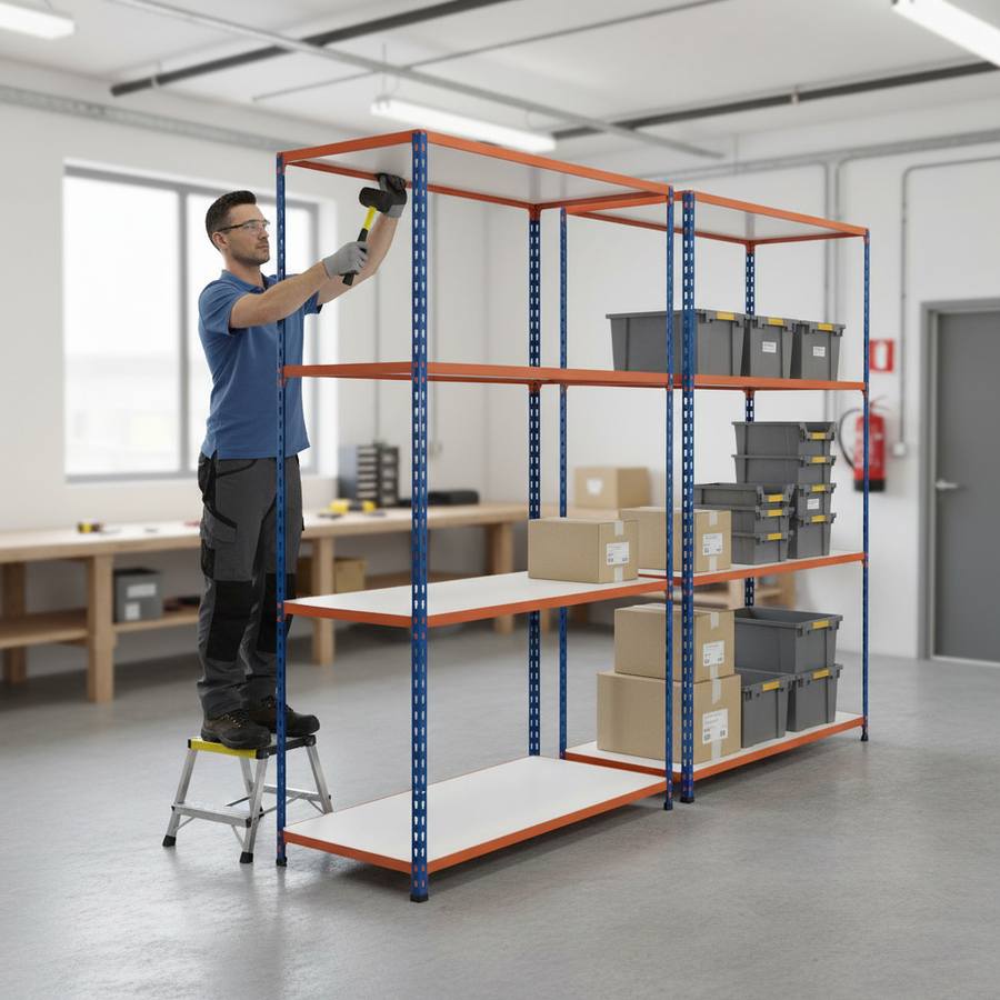 Heavy Duty Industrial Shelving - 2440mm High - 340kg Load Capacity - Melamine - Blue & Orange - Front view