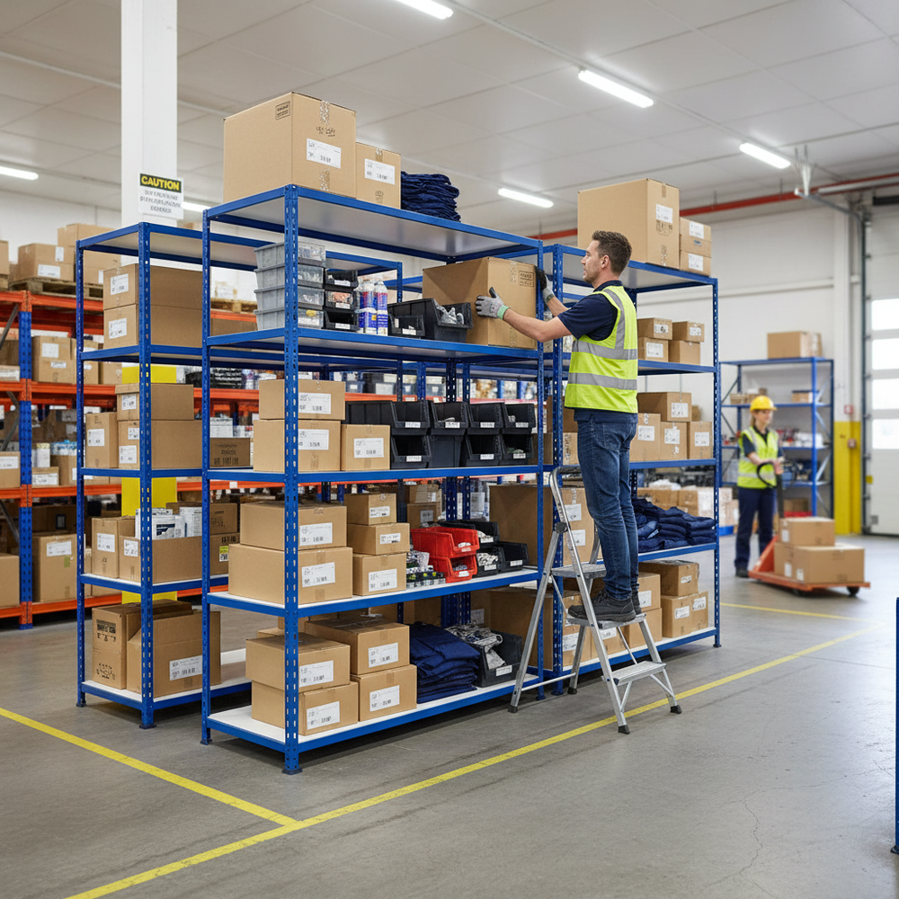 Heavy Duty Industrial Shelving Unit - 2440mm High - 200kg Capacity - Melamine - Blue Finish - Side view