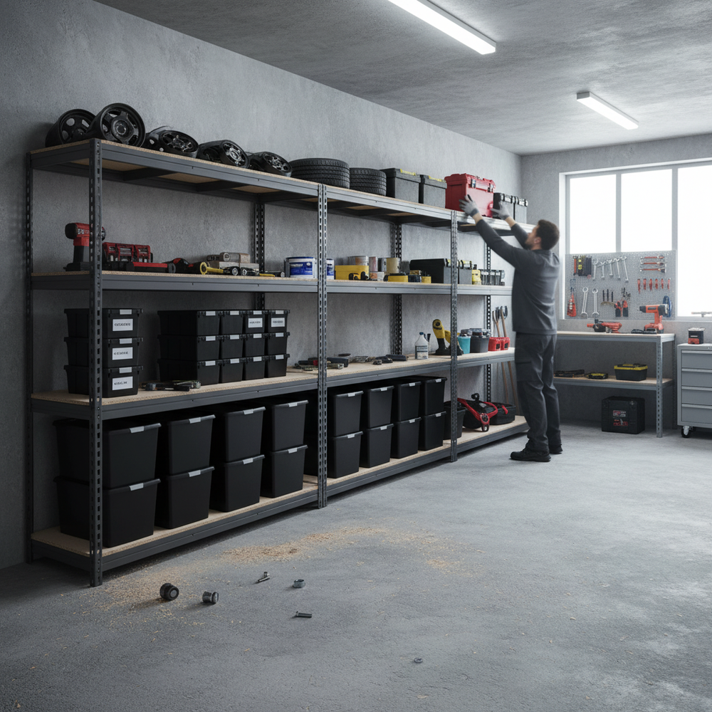 3x Premium Heavy Duty Shelving - 2200mm High - Grey with 12x 37L Storage Boxes - Side view