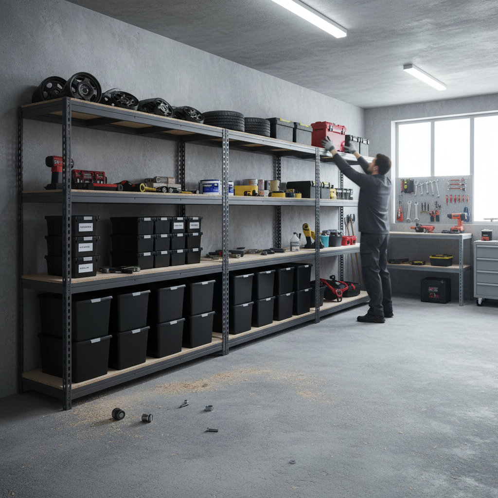 3x Premium Heavy Duty Shelving - 2200mm High - Grey with 12x 37L Storage Boxes - Side view