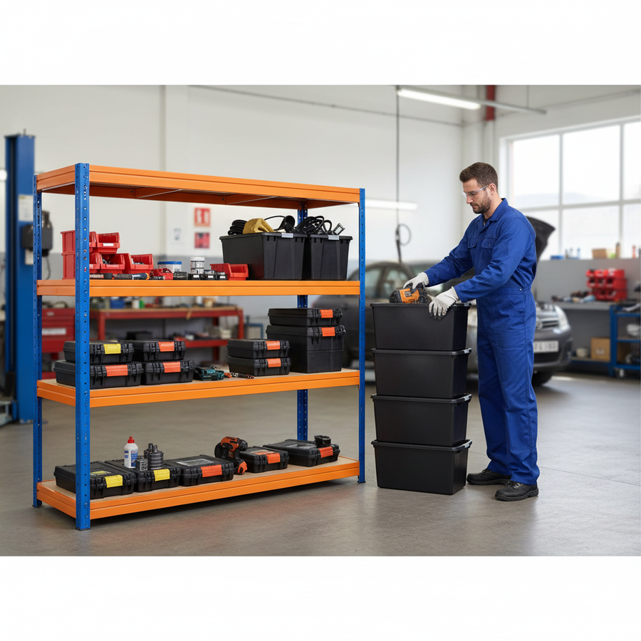 4x Heavy Duty Shelving - 1770mm High - Blue & Orange with 8x 62L Plastic Storage Boxes - Front view