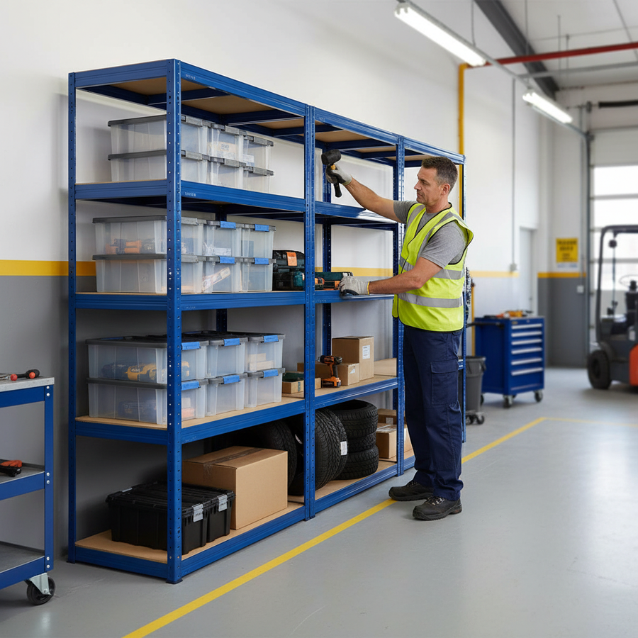 Premium Garage Shelving Units - 2130mm High - 200/280kg Capacity - Blue Finish - Front view