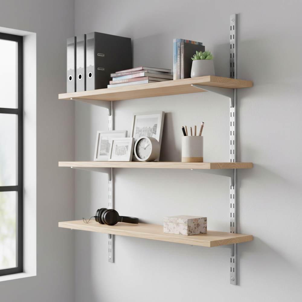 Customizable Twin Slot Wall Mounted Shelving Brackets - Silver Finish - Side view