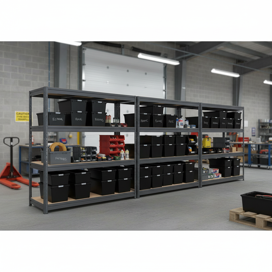 4x Premium Heavy Duty Shelving - 1770mm High - Grey with 8x 37L Storage Boxes - Front view