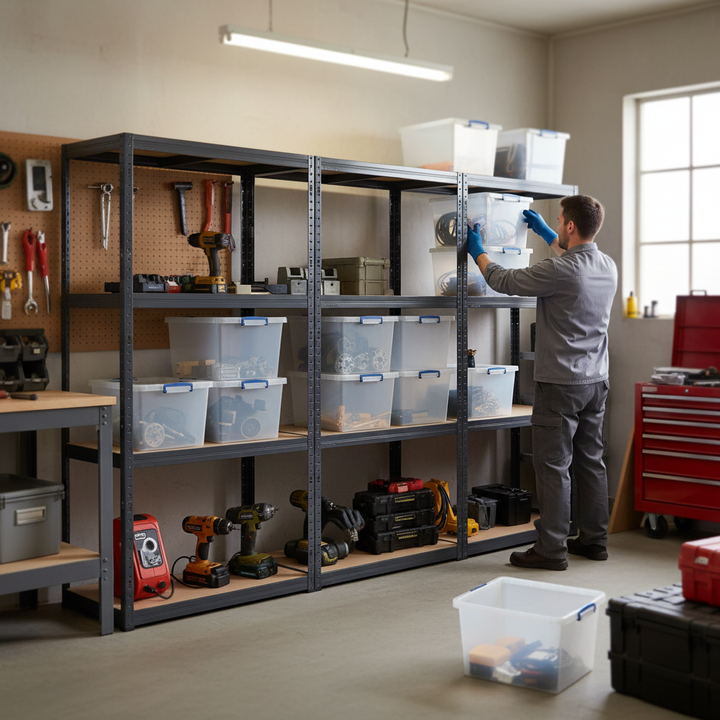3x Heavy Duty Shelving Units - 1600mm High - Grey with 8x 33.5L Storage Boxes - Front view