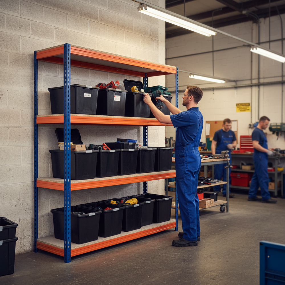 Heavy Duty Shelving Unit - 1600mm High with 8x 37L Plastic Storage Boxes - Side view