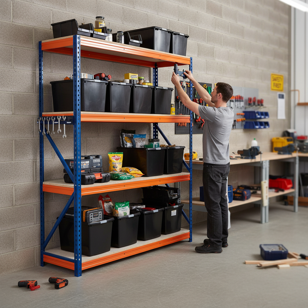 Heavy Duty Shelving Unit with 8 Durable 62L Storage Boxes - 1800mm High - Side view