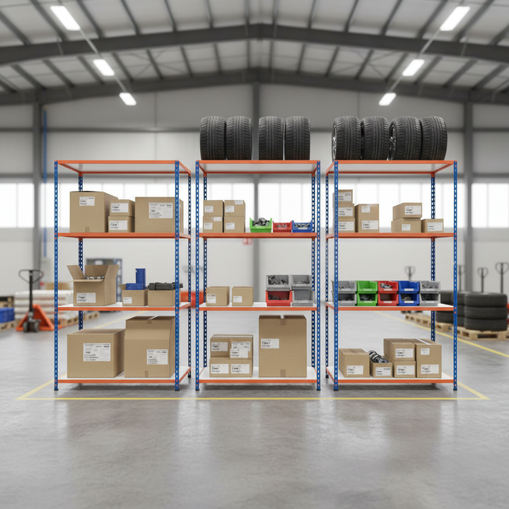 Premium Industrial Shelving - 3050mm High - 340kg Load Capacity - Blue & Orange - Front view
