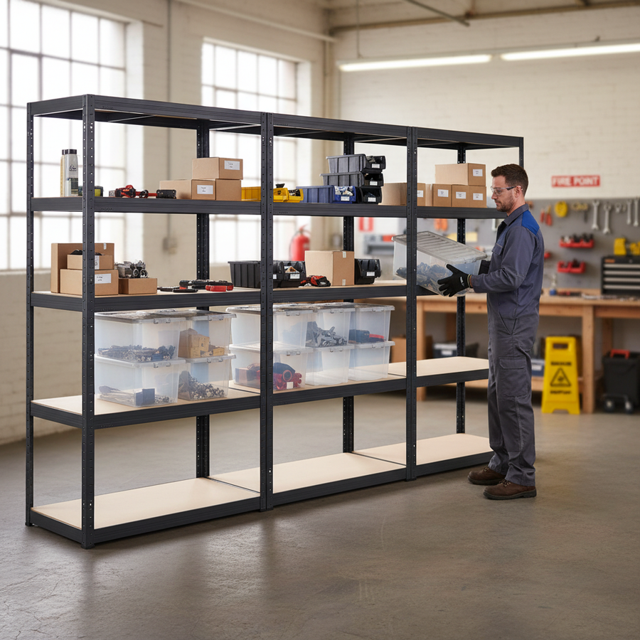 Premium 3x Shelving Unit - 1800mm High - Grey with 12x 60L Plastic Storage Boxes - Front view