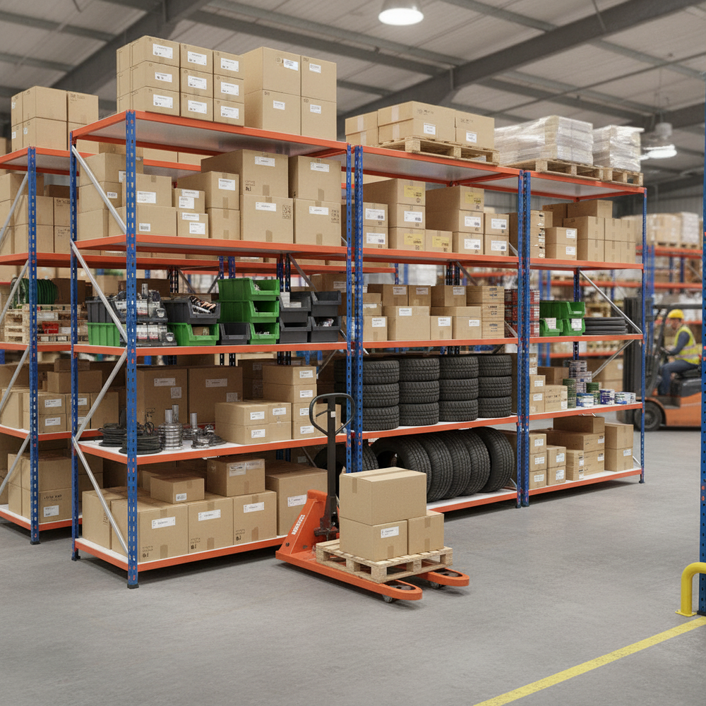 Heavy Duty Industrial Shelving - 2440mm High - 200kg Capacity - Melamine - Blue & Orange - Side view