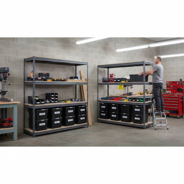 4x Premium Heavy Duty Shelving - 2200mm High - Grey with 12x 62L Storage Boxes - Side view