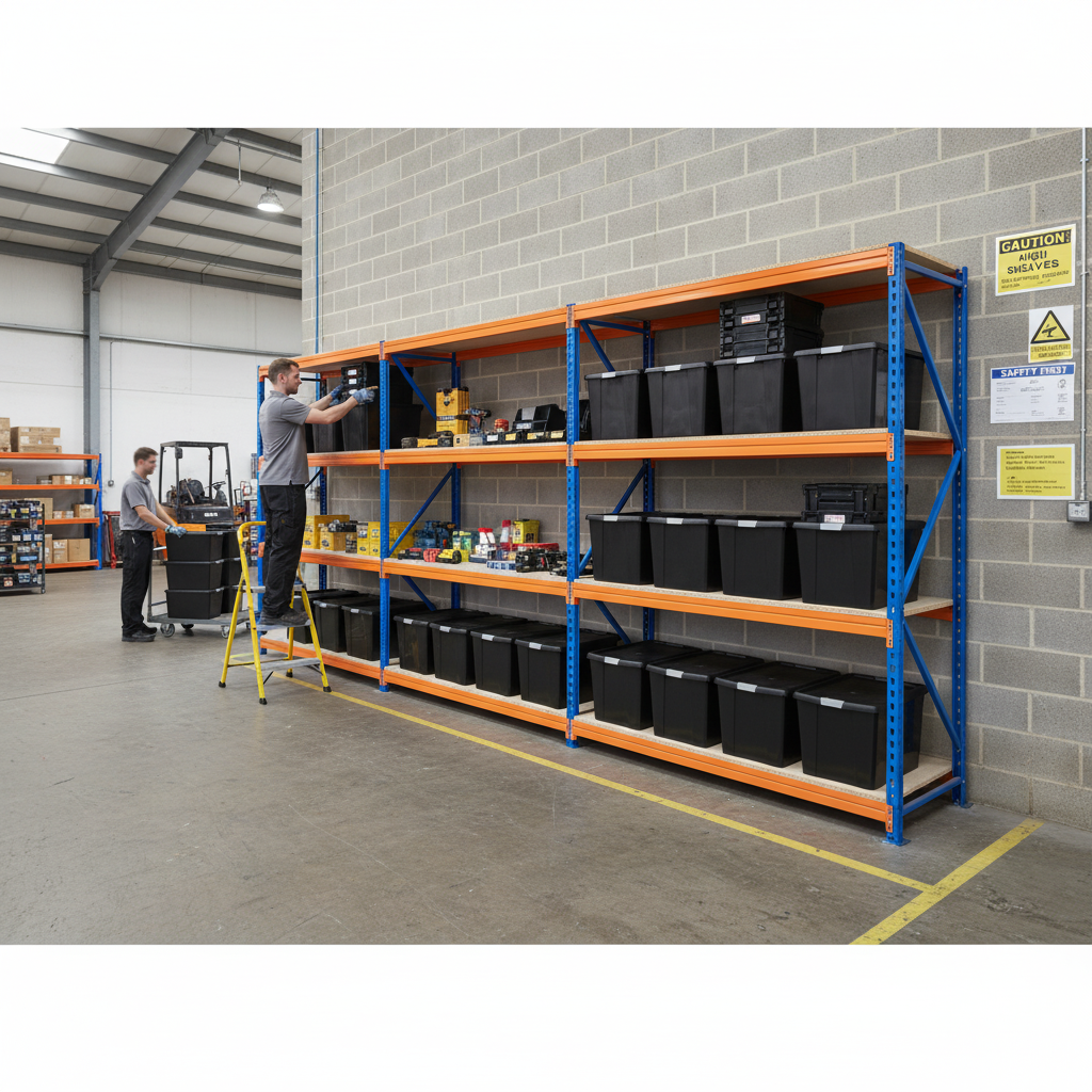 3x Premium Heavy Duty Shelving - 2000mm High - Blue & Orange with 8x 62L Plastic Storage Boxes - Side view
