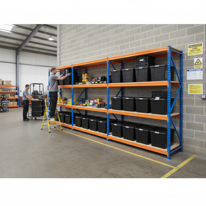 3x Premium Heavy Duty Shelving - 2000mm High - Blue & Orange with 8x 62L Plastic Storage Boxes - Side view