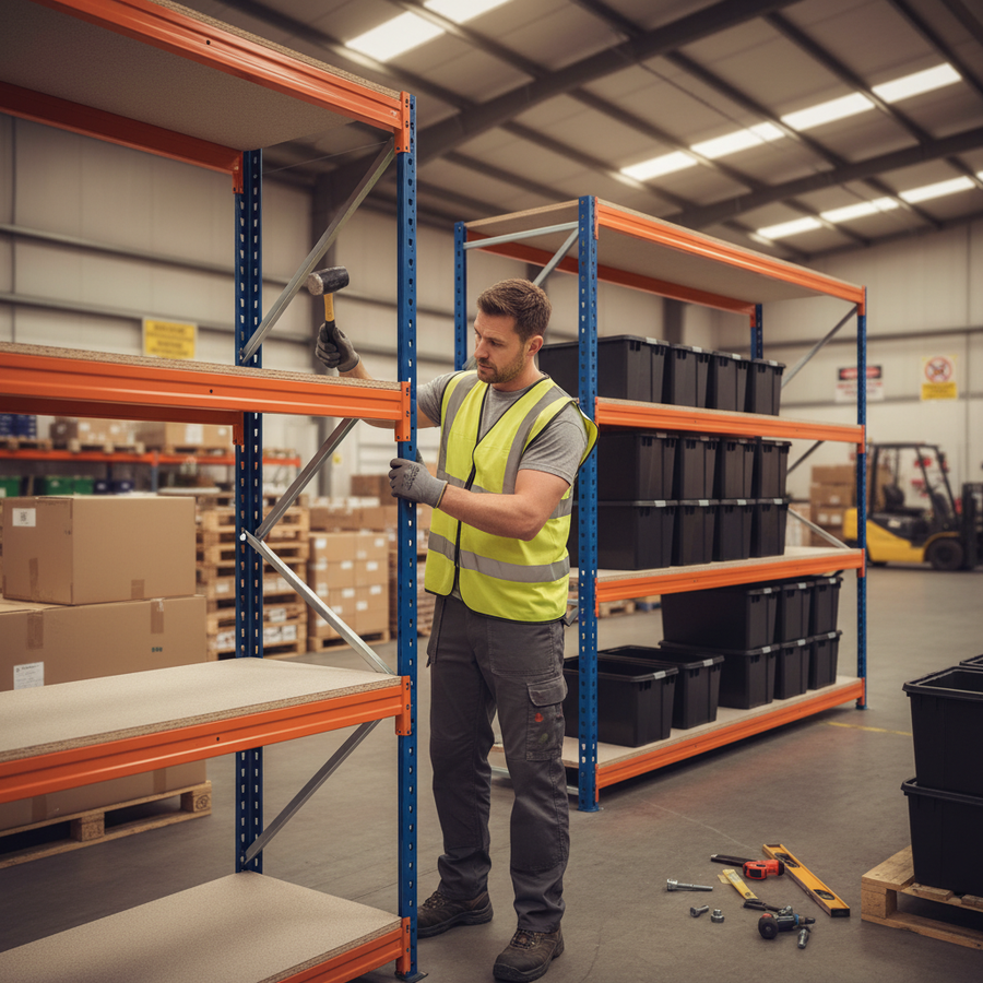2x Heavy Duty Shelving - 1800mm High - Blue & Orange with 8x 37L Plastic Storage Boxes - Front view
