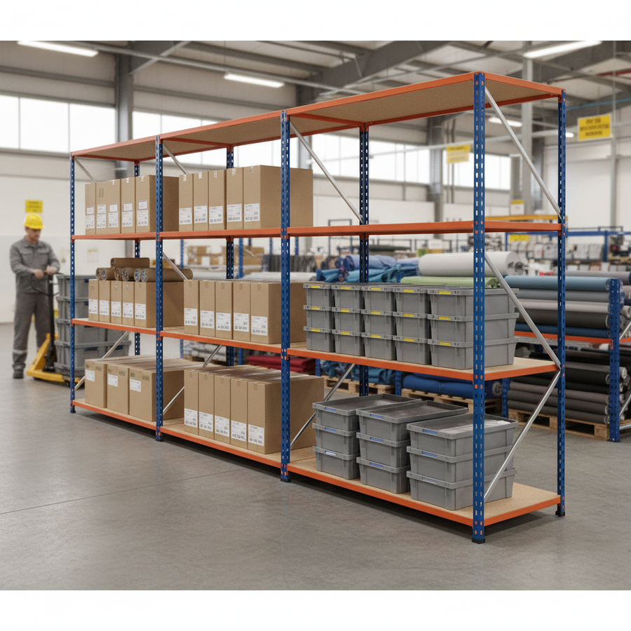3x Premium Industrial Shelving - 2440mm High - 340kg Capacity - Chipboard - Blue & Orange - Front view