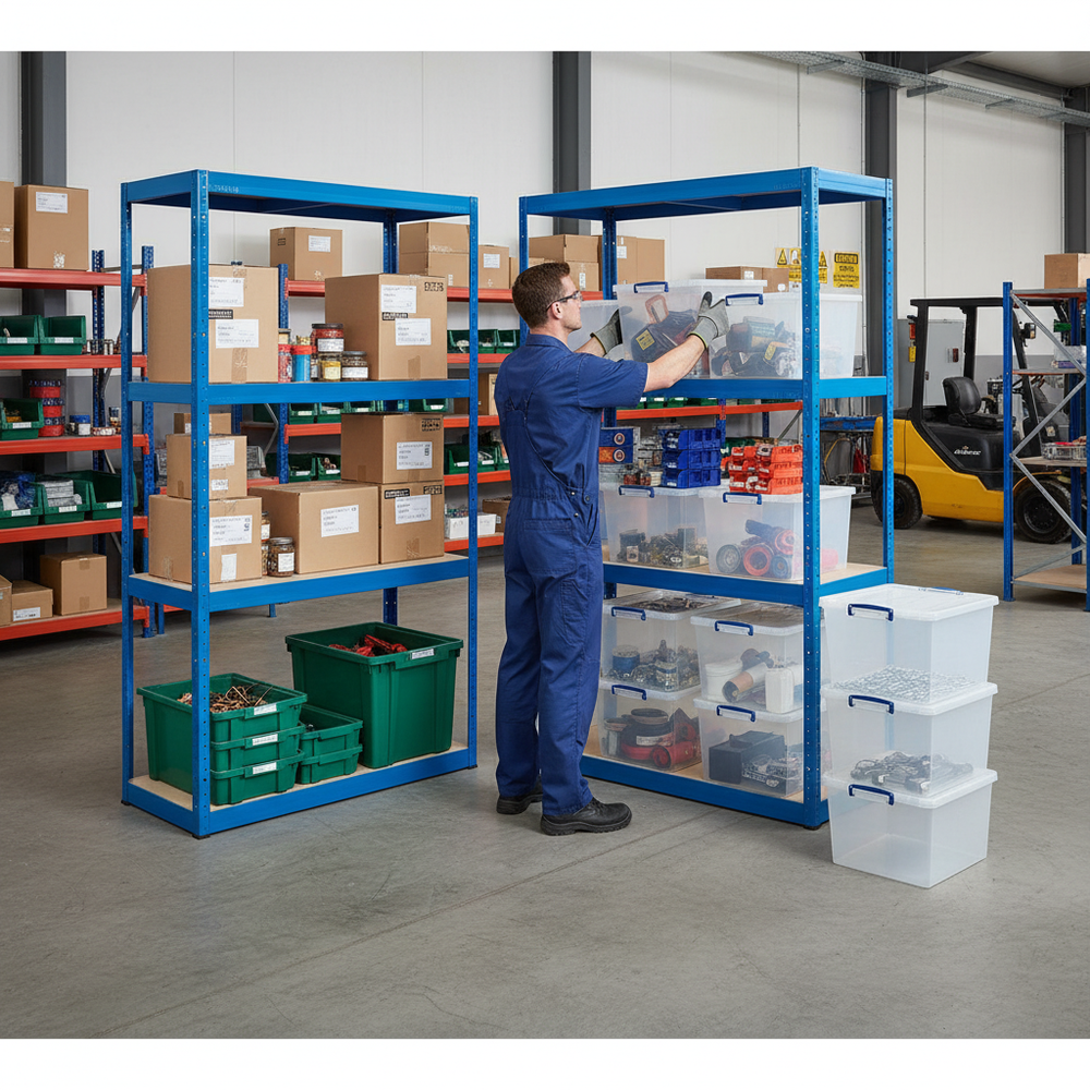 4 Heavy Duty Shelving Units - 1600mm High - Blue with 8x 33.5L Storage Boxes - Side view