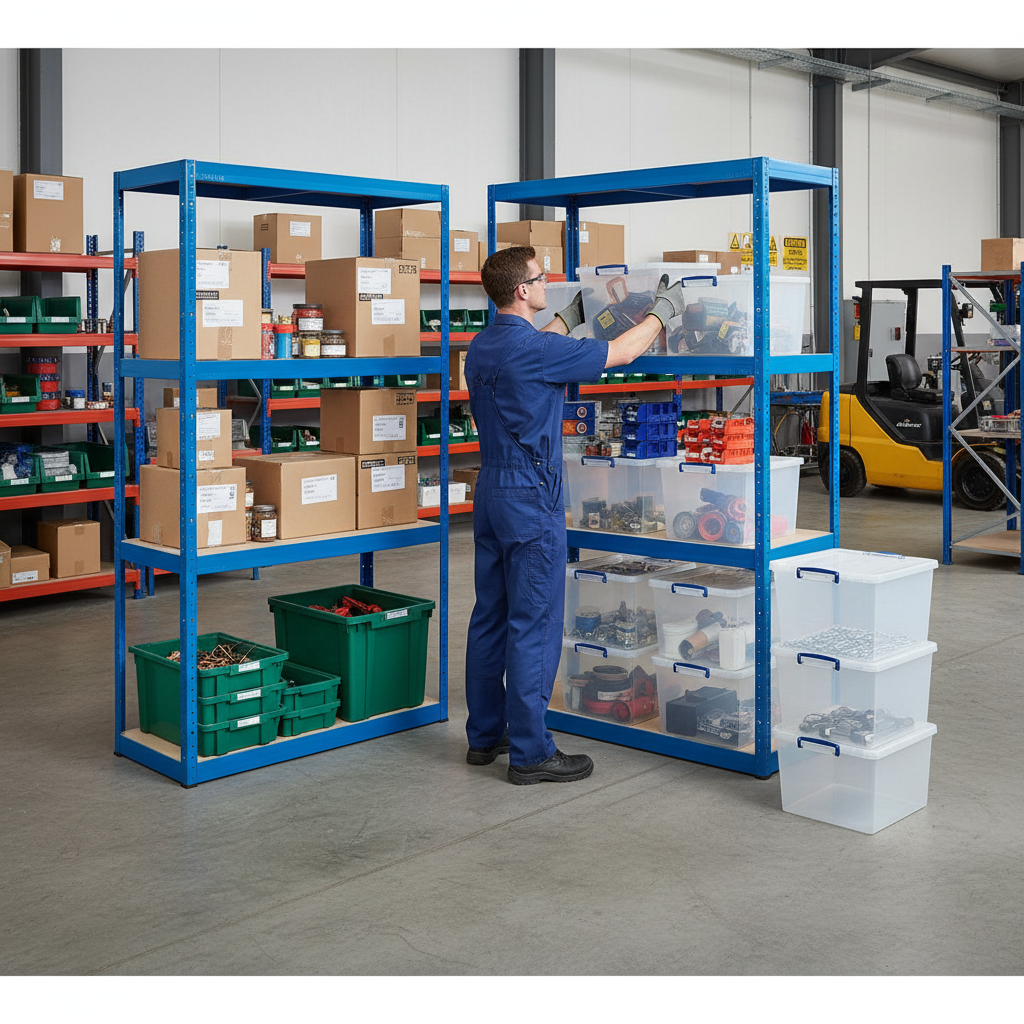 4 Heavy Duty Shelving Units - 1600mm High - Blue with 8x 33.5L Storage Boxes - Side view