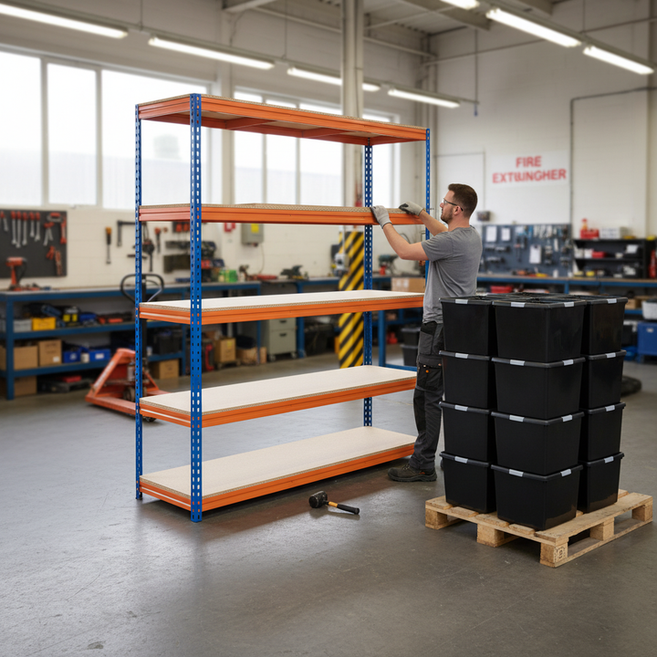 3x Heavy Duty Shelving - 1800mm High - Blue & Orange with 12x 62L Plastic Storage Boxes - Front view