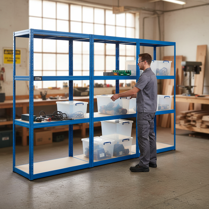 3x Heavy Duty Shelving Units - 1600mm High - Blue with 8x 33.5L Plastic Storage Boxes - Front view