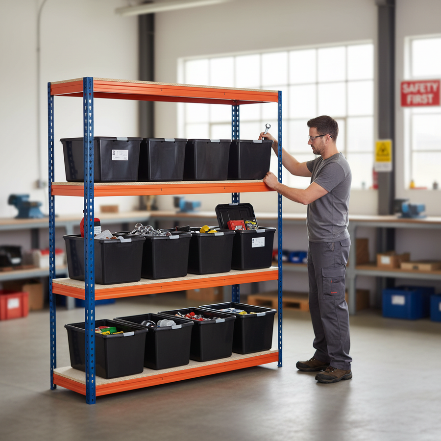 Heavy Duty Shelving Unit - 1600mm High with 12x 62L Plastic Storage Boxes - Front view