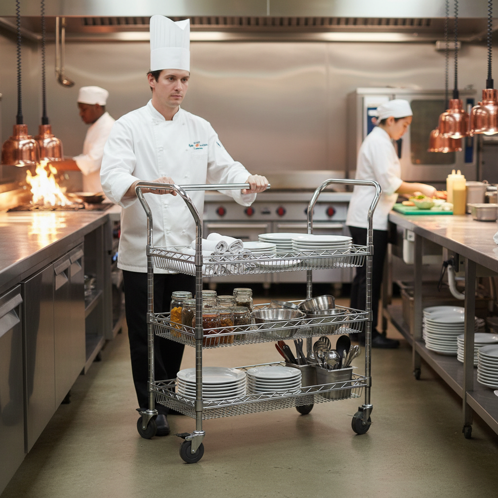 Premium Chrome Wire Basket Trolley - 3 Levels for Versatile Storage - Side view