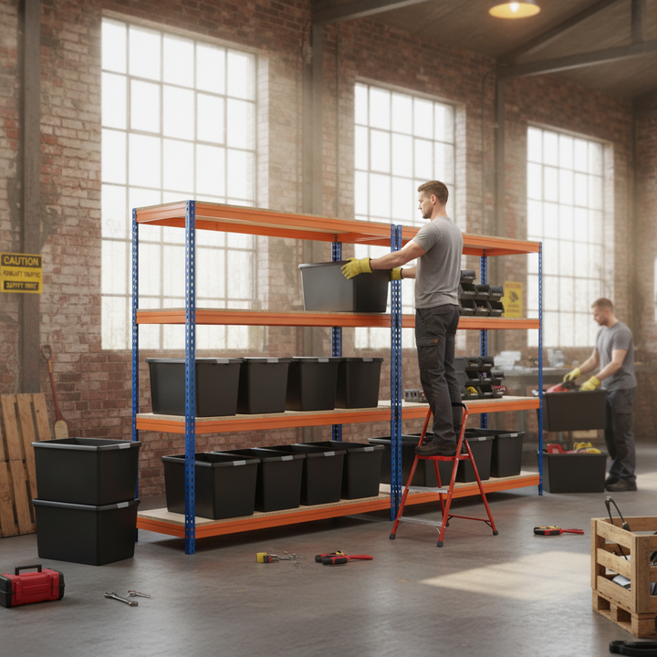 4x Premium Heavy Duty Shelving - 1600mm High with 12x 62L Plastic Storage Boxes - Front view