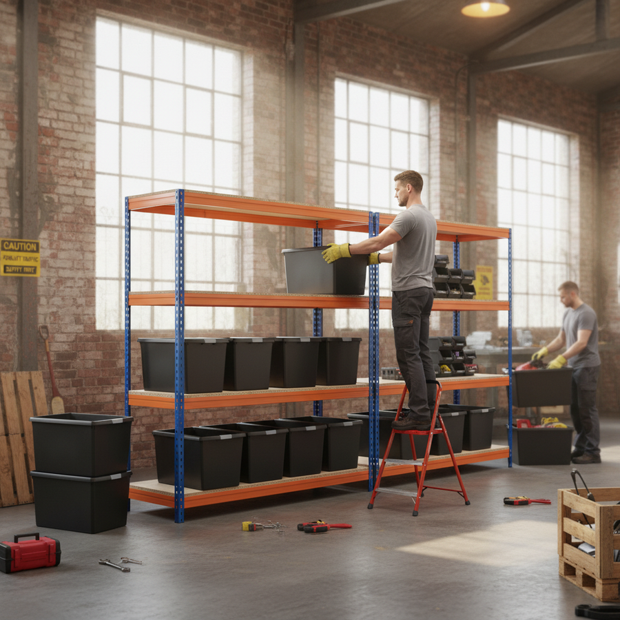 4x Premium Heavy Duty Shelving - 1600mm High with 12x 62L Plastic Storage Boxes - Front view