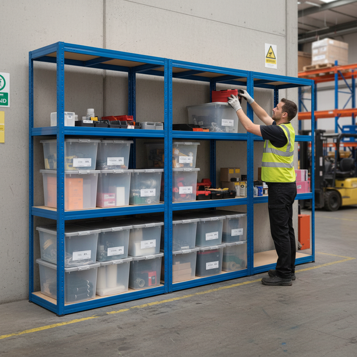 Professional Heavy Duty Shelving Unit with 12x 60L Plastic Storage Boxes - Side view