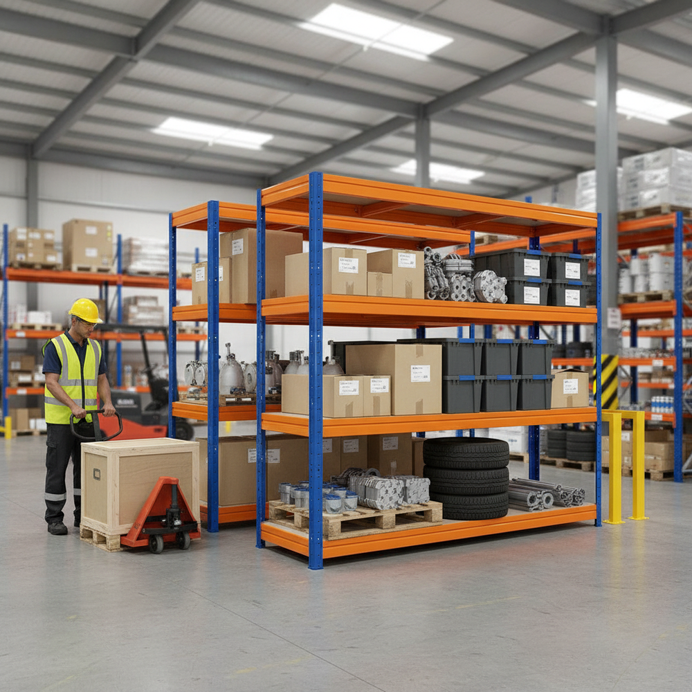 Heavy Duty Industrial Shelving - 1770mm High - 600kg Capacity - Blue & Orange - Side view