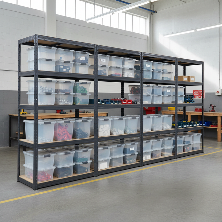 3x Heavy Duty Shelving Units - 1800mm High - Grey with 20x 37L Plastic Storage Boxes - Front view