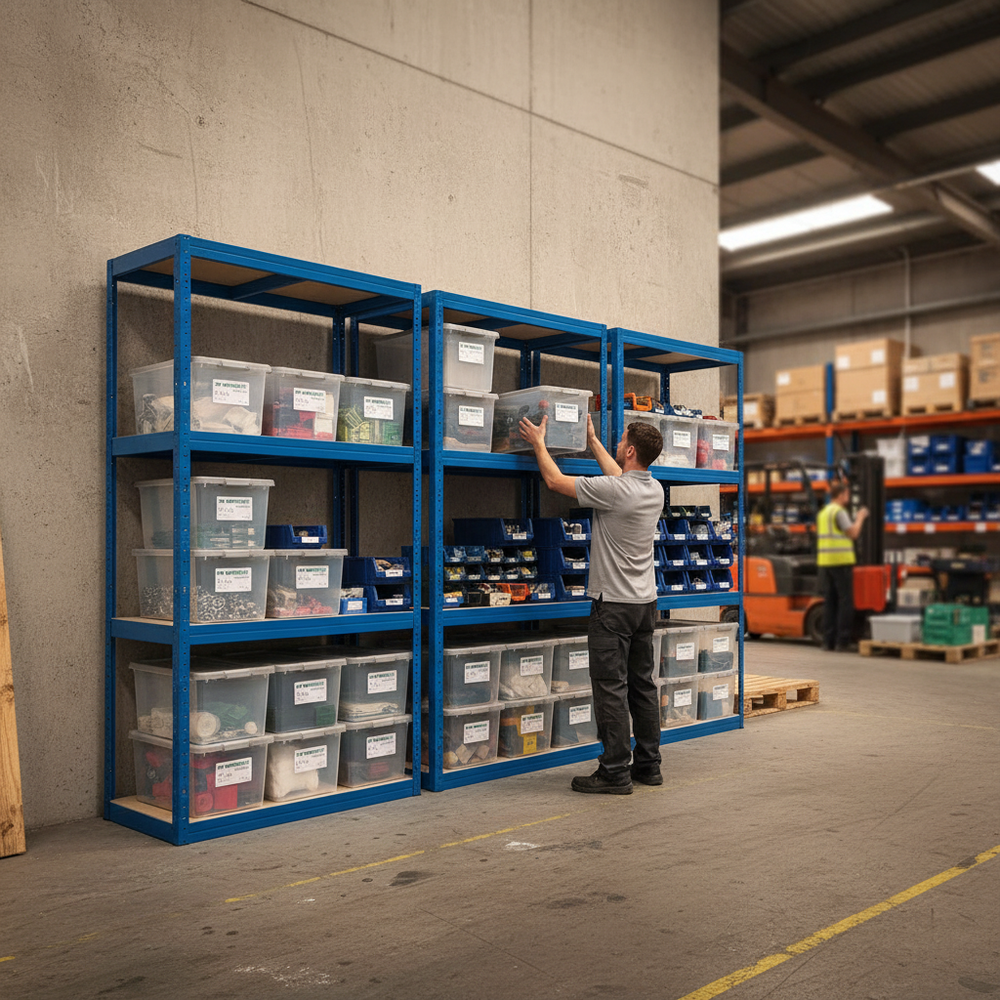 4x Heavy Duty Shelving Units - 1600mm High with 12x 60L Plastic Storage Boxes - Side view