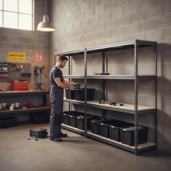 3x Heavy Duty Shelving - 1800mm High - Grey with 8x 37L Plastic Storage Boxes - Front view