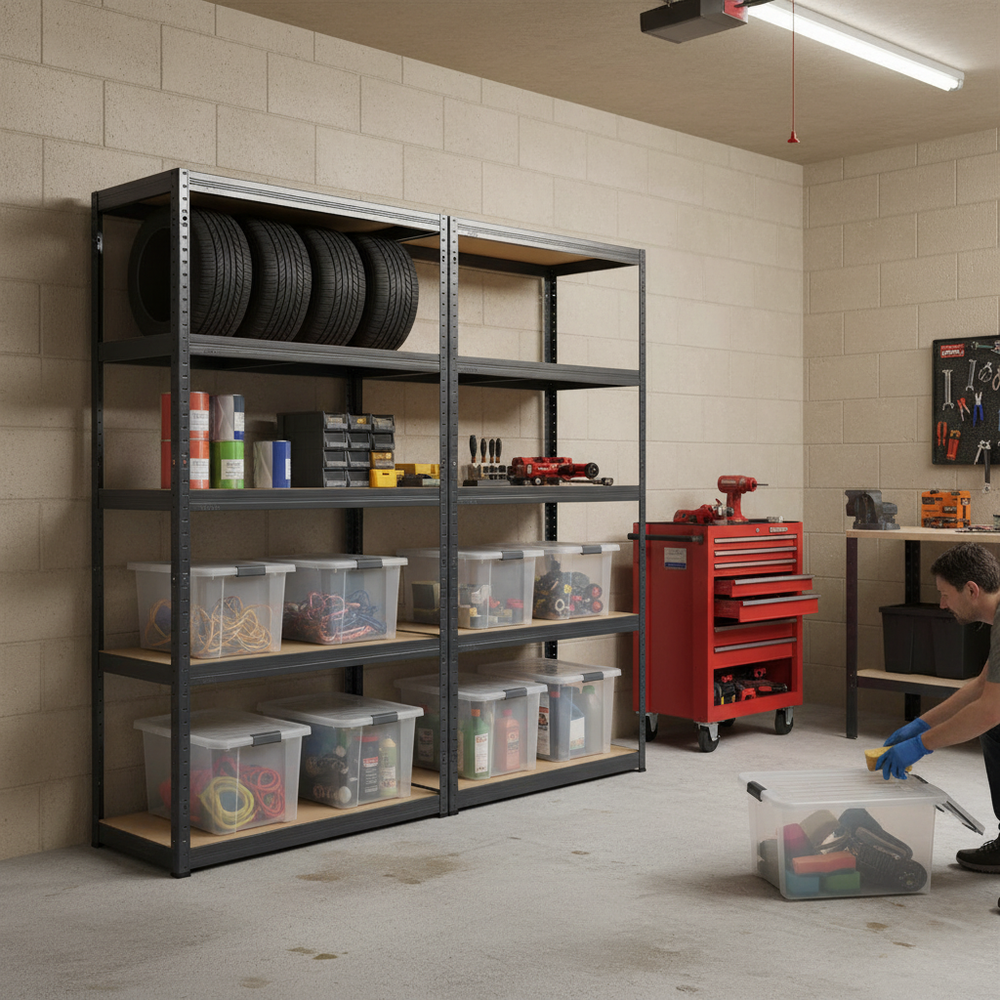 Heavy Duty Shelving Unit with 8x 60L Plastic Storage Boxes - 1800mm High - Side view