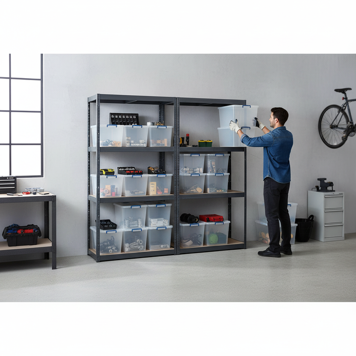 Premium 2x Shelving Units - 1600mm High - Grey with 12x 33.5L Storage Boxes - Side view