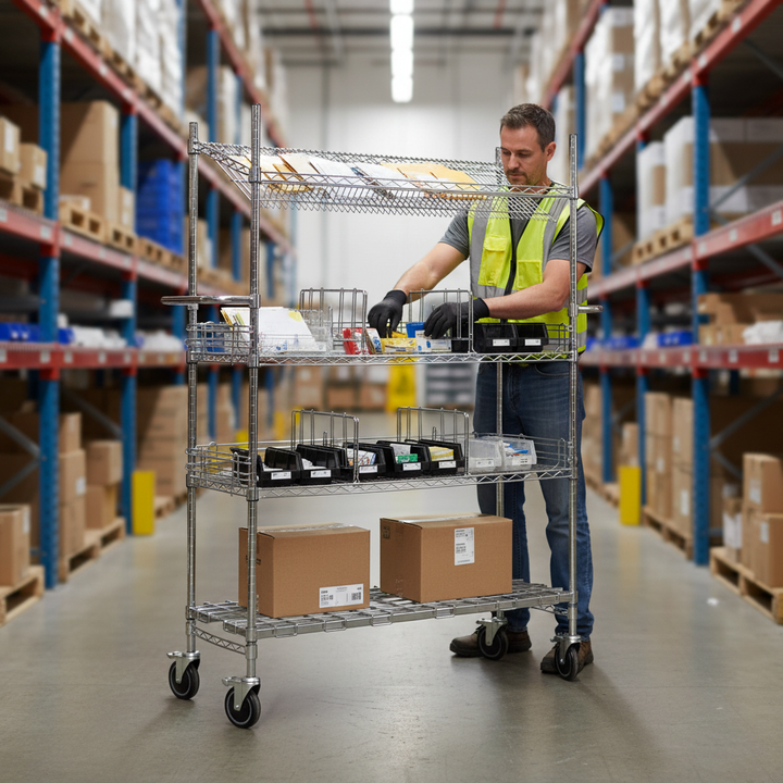 Professional Wire Picking Cart with Top Sloping Shelf - 4 Levels - Front view