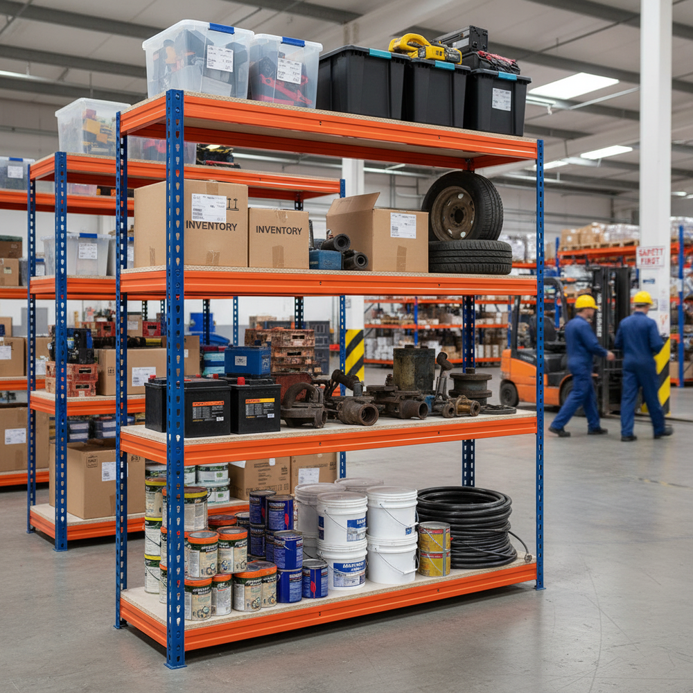 Heavy Duty Garage Shelving - 2000mm High - 500kg Load Capacity - Blue & Orange - Side view