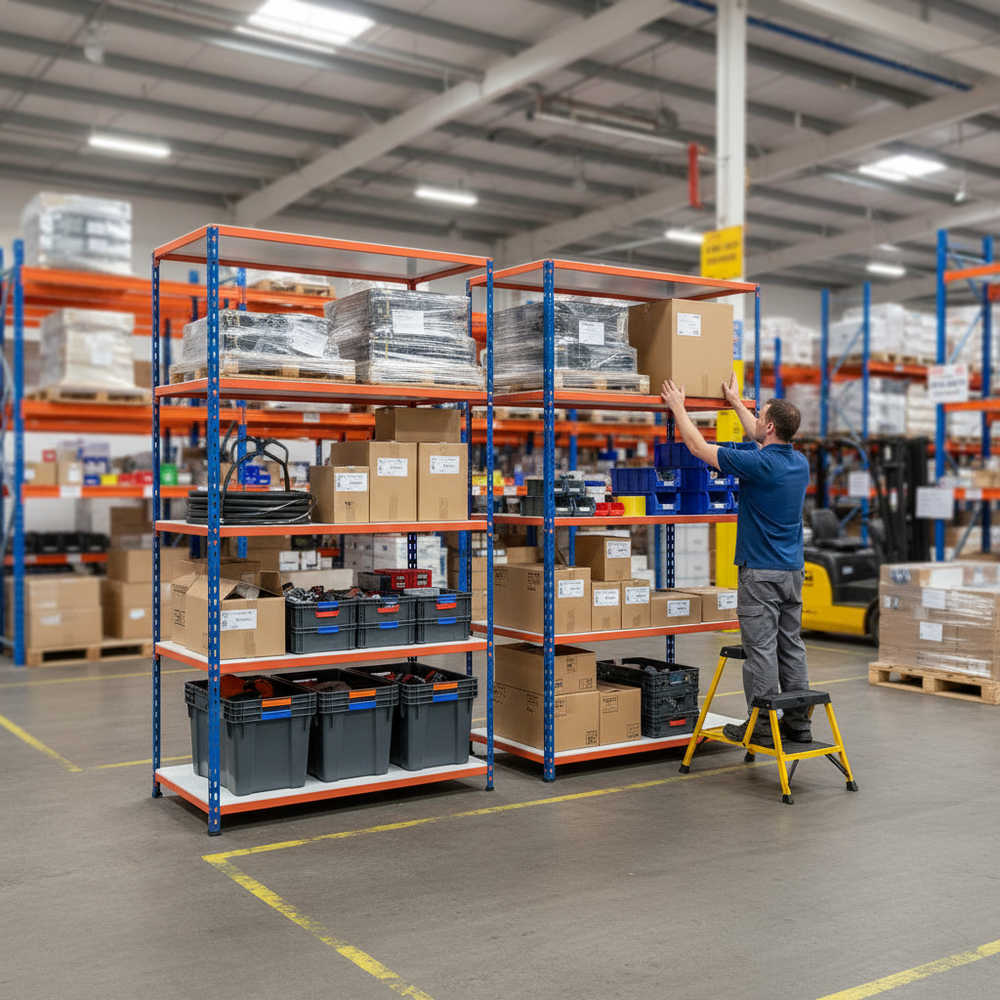 Premium Industrial Shelving - 1830mm High - 200kg Capacity - Melamine - Blue & Orange - Side view