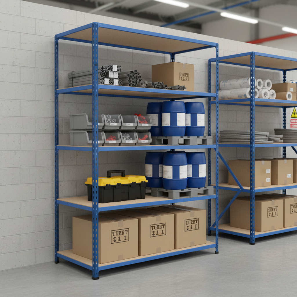 High-Performance Industrial Shelving - 2440mm High - 200kg Capacity - Chipboard - Blue - Front view