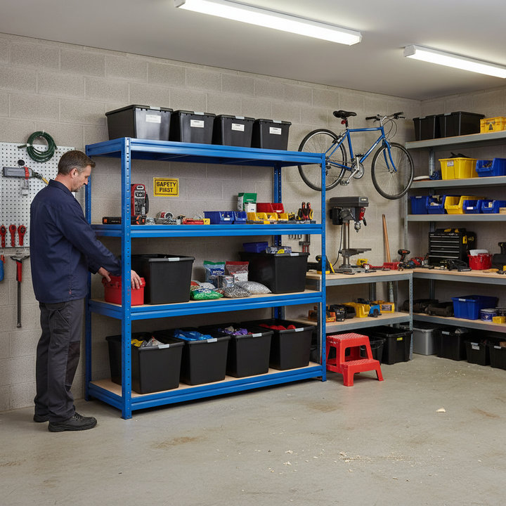 Heavy Duty Shelving Unit - 1770mm High with 8x 62L Plastic Storage Boxes - Side view