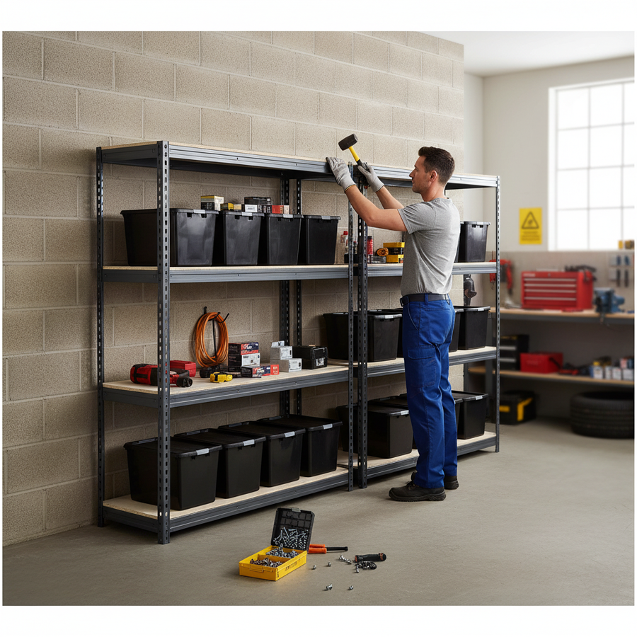 2x Premium Heavy Duty Shelving - 1600mm High - Grey with 8x 37L Plastic Storage Boxes - Front view