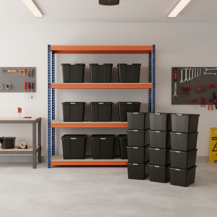 Heavy Duty Shelving with 12x 62L Storage Boxes - 1800mm High - Blue & Orange - Front view