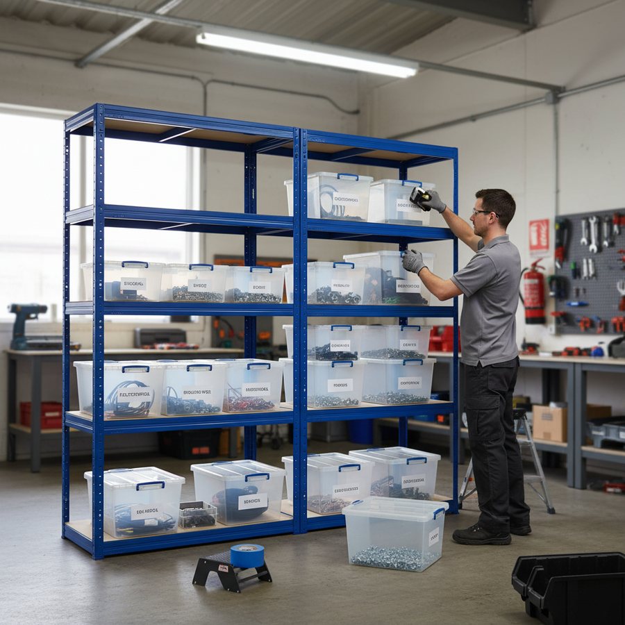 Heavy Duty Shelving Units with 12x 33.5L Storage Boxes - 1800mm High - Front view