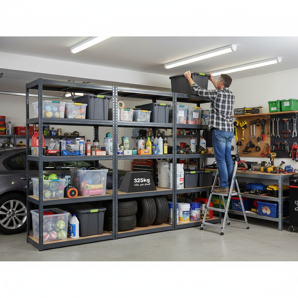 Premium Heavy Duty Garage Shelving - 1800mm High - 325kg Capacity - Grey - Side view