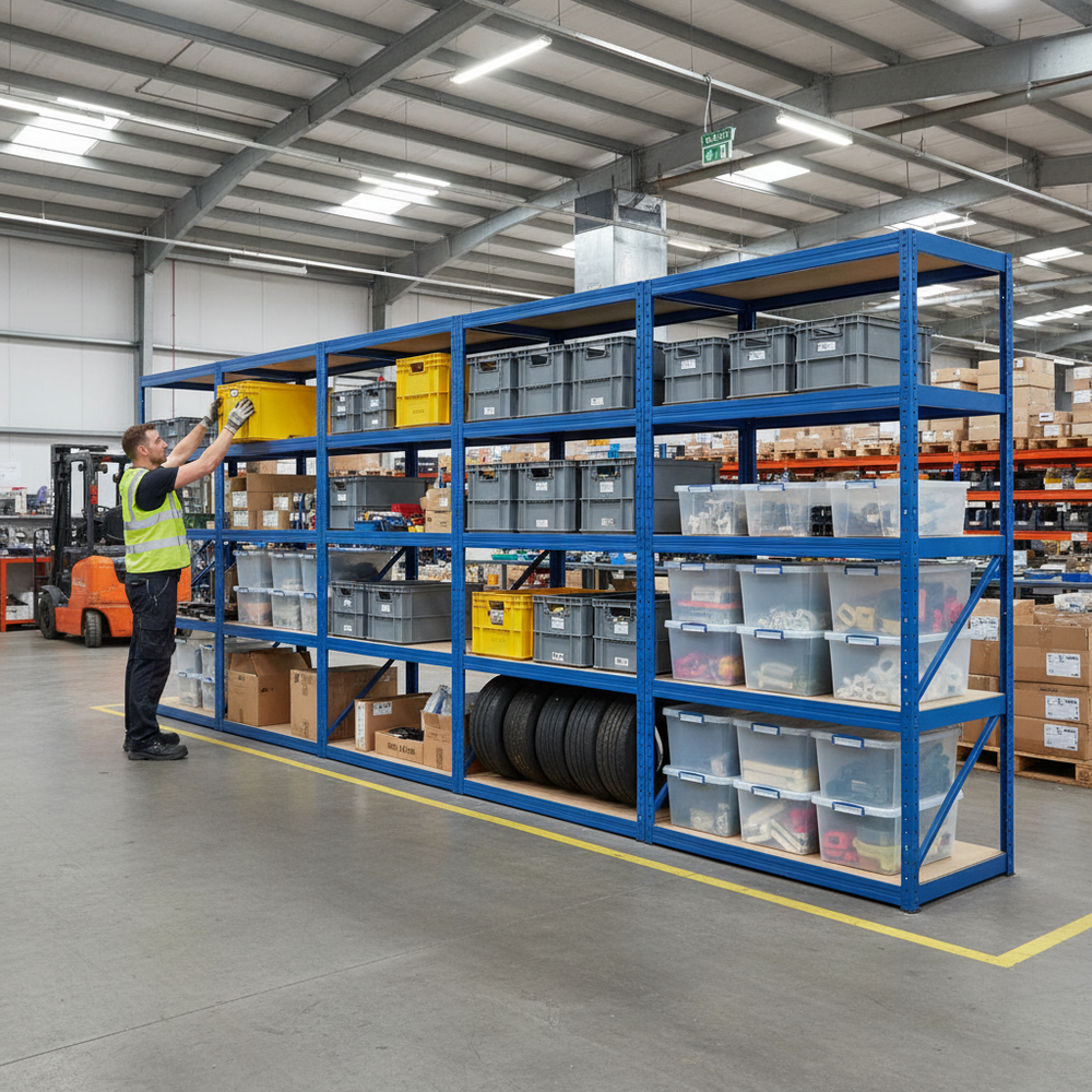 4x Heavy Duty Shelving Units - 2130mm High - Blue with 8x 33.5L Storage Boxes - Side view