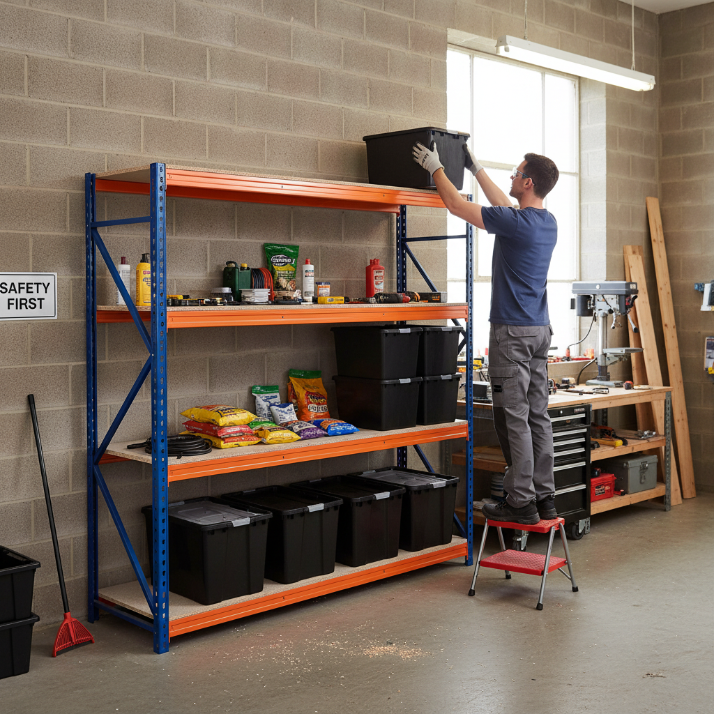 2x Heavy Duty Shelving - 1800mm High - Blue & Orange with 8x 37L Plastic Storage Boxes - Side view
