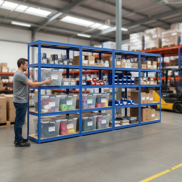 Heavy Duty 4x Shelving Units - 1800mm High - Blue with 8x 33.5L Storage Boxes - Side view