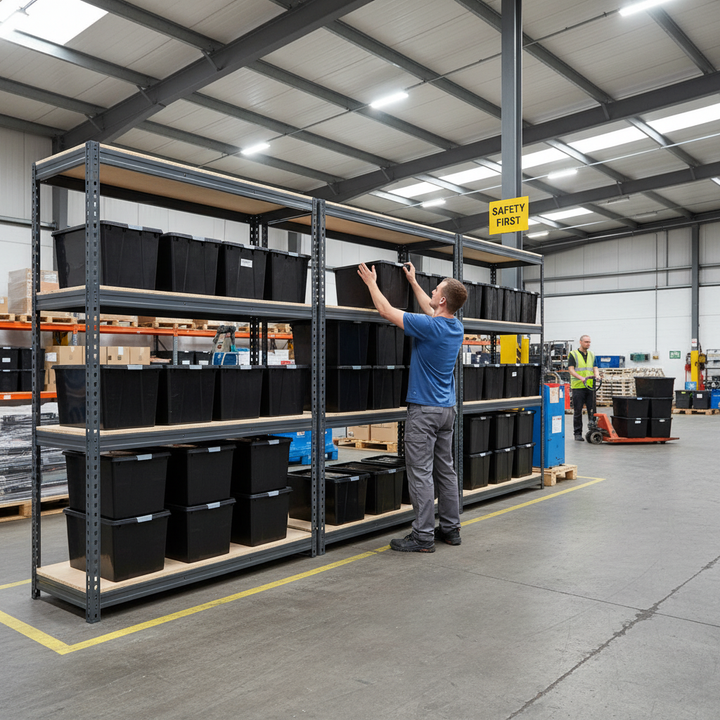 3x Heavy Duty Shelving - 1600mm High - Grey with 12x 37L Plastic Storage Boxes - Side view